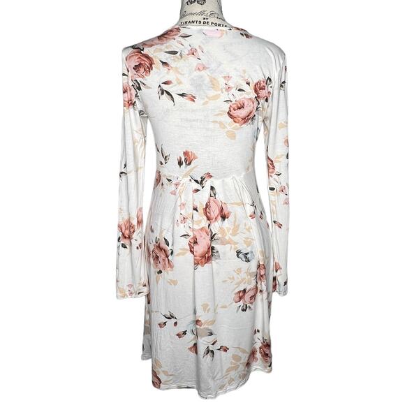 Pink Lily MEDIUM White Pink Floral Long Sleeve Scoop Round Neck Fit Flare Dress - Picture 4 of 7